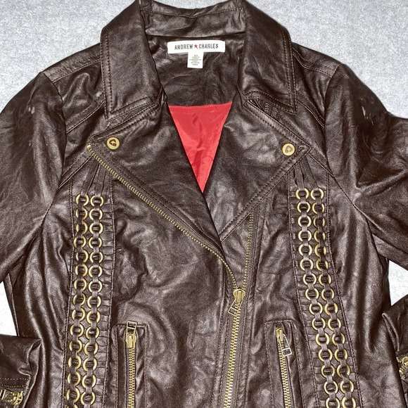 Andrew Charles Moto Jacket‎ XS Brown Faux Leather Chain Detail Asymmetrical Zip - Picture 10 of 15